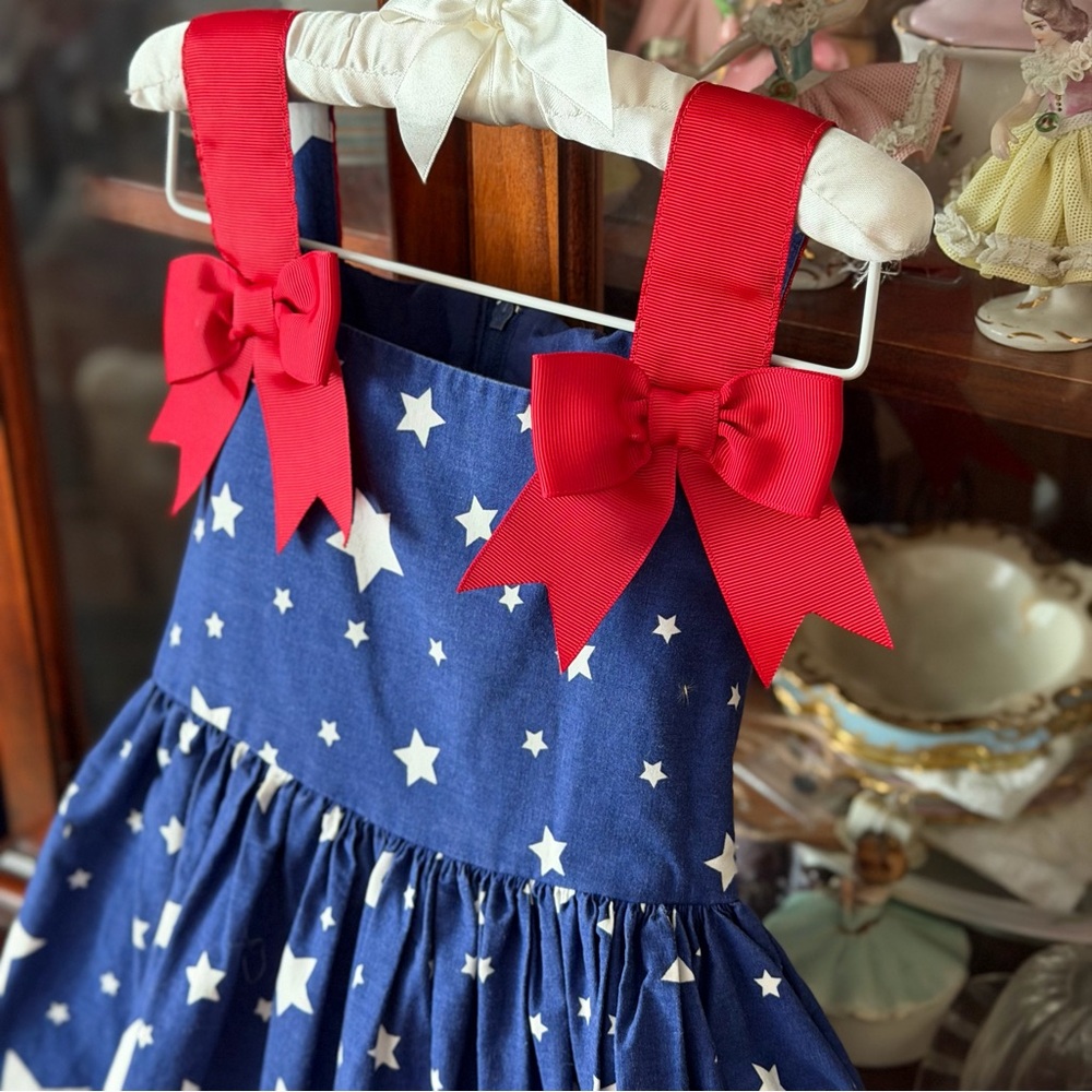 Jessica Ann Blue & White Star Print Sundress with Red Bow Straps - Picture 2 of 5